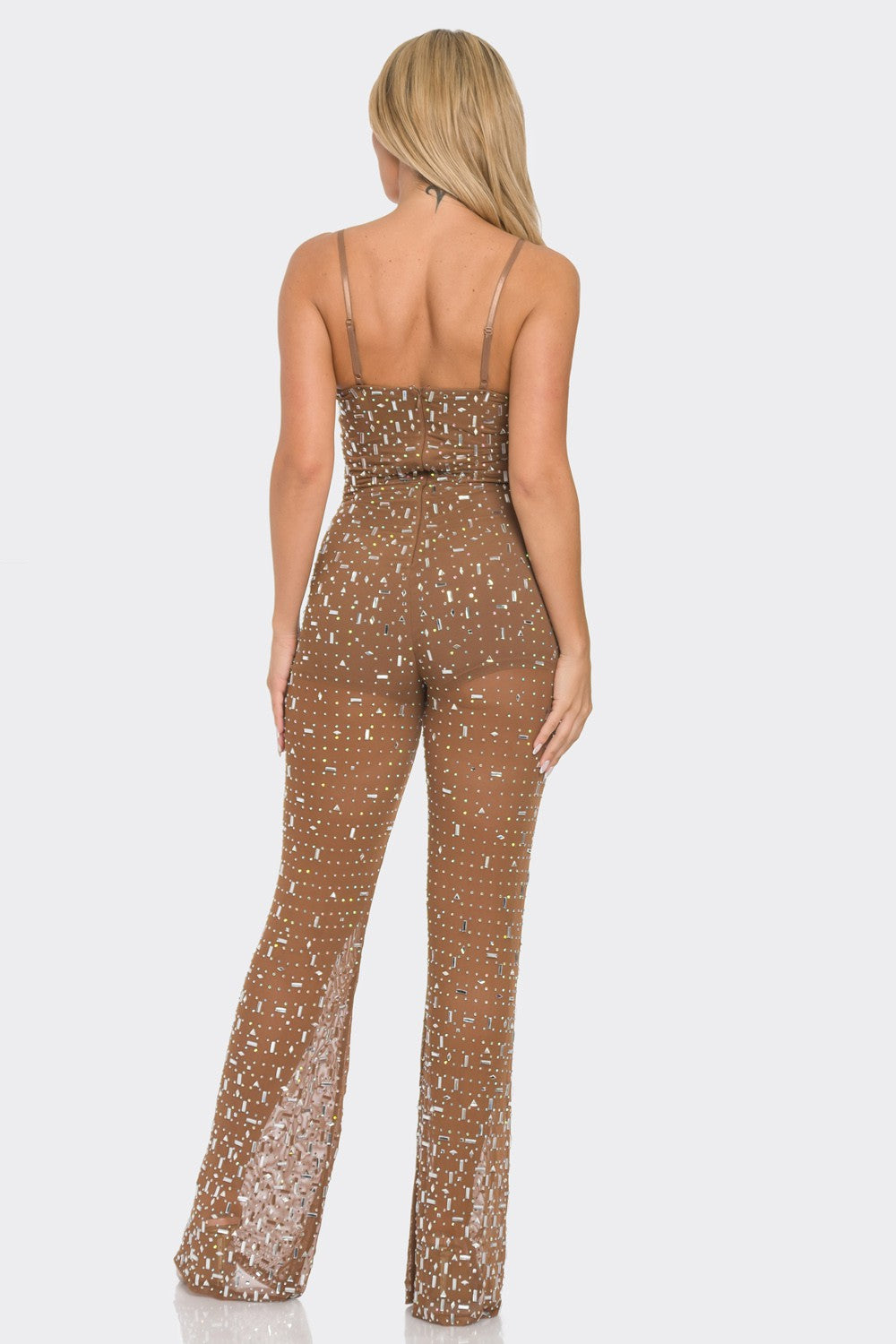 Marrone Rhinestone Jumpsuit in brown with rhinestone embellishments and sheer mesh panels, perfect for cocktail parties and evening events.