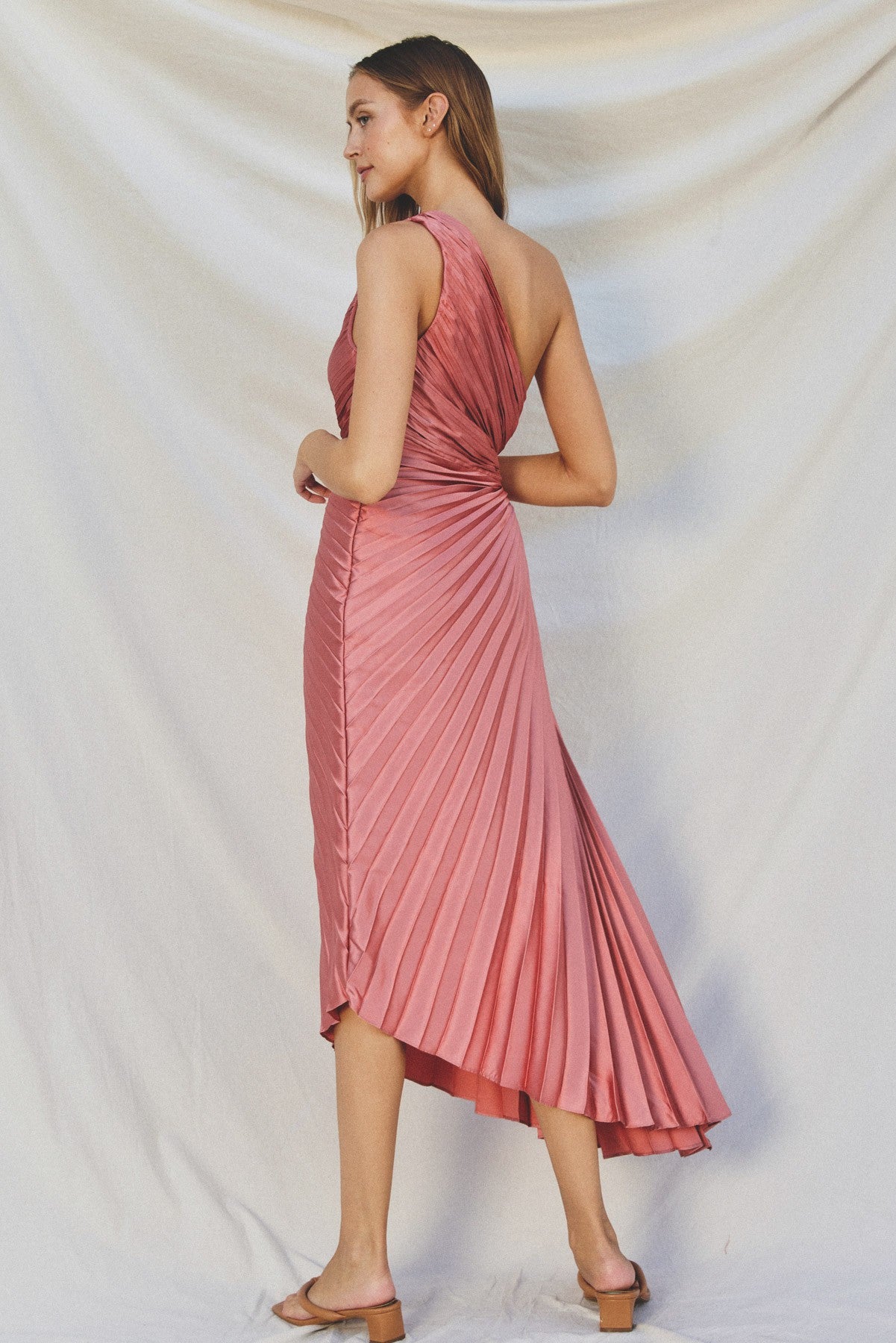 Olympia Asymmetrical Pleated Maxi Dress in Rose Petal with One Shoulder and Side Cutout Detail