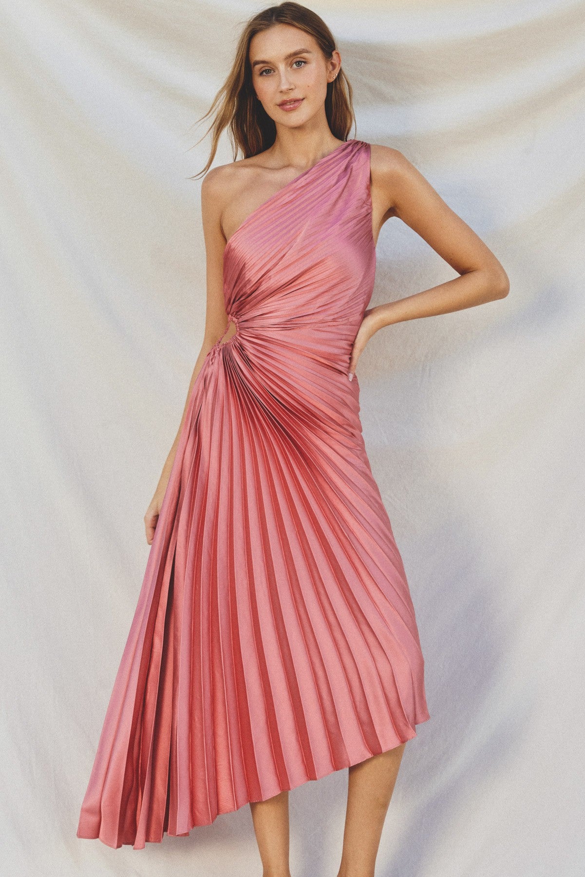 Olympia Asymmetrical Pleated Maxi Dress in Rose Petal with One Shoulder and Side Cutout Detail