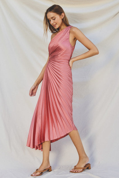 Olympia Asymmetrical Pleated Maxi Dress in Rose Petal with One Shoulder and Side Cutout Detail