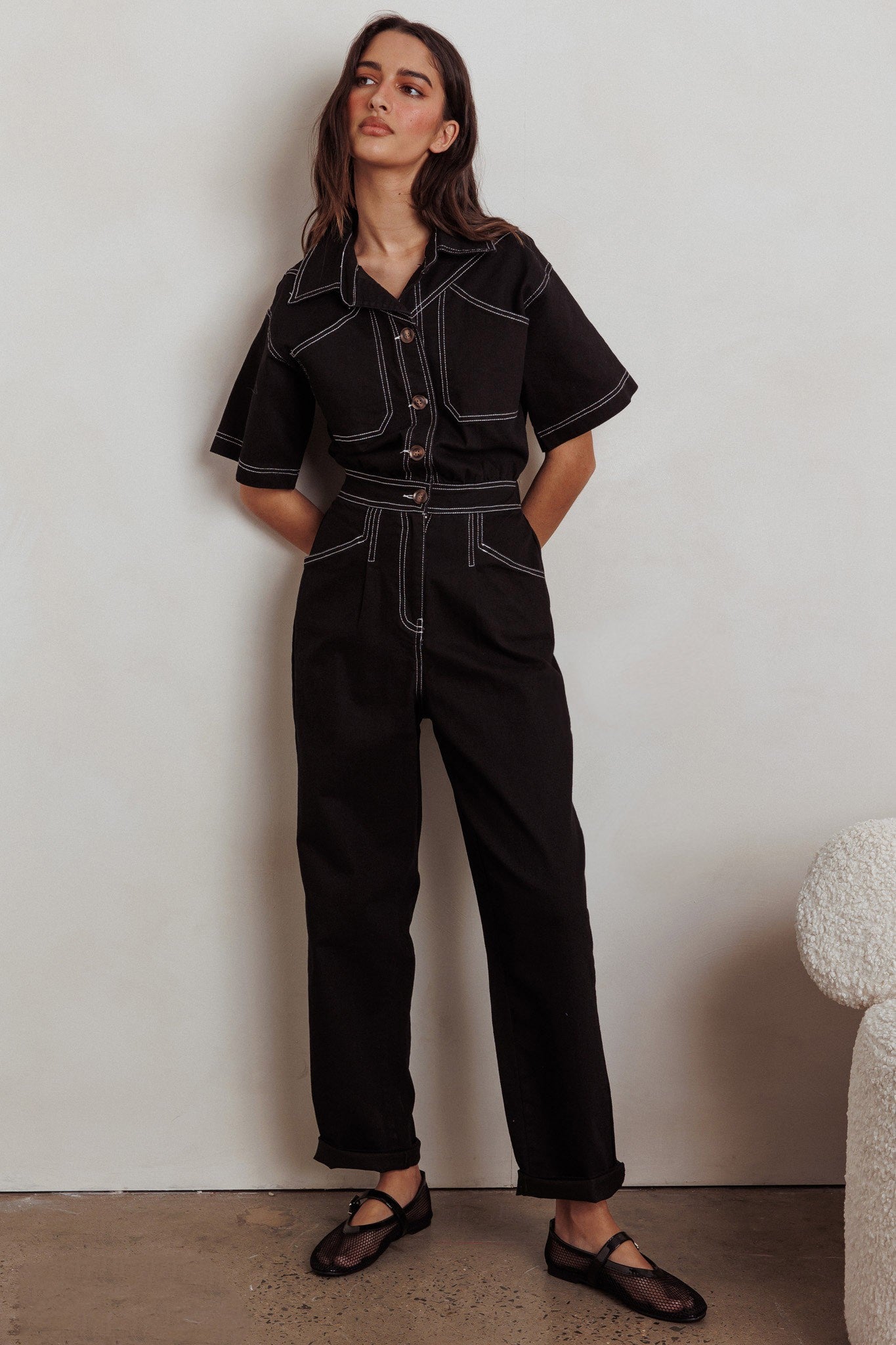 Only Safari Short Sleeve Jumpsuit in black color. Fall clothing