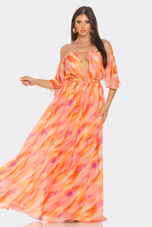 Rhinestone Chiffon Strappy Maxi Dress - Orange