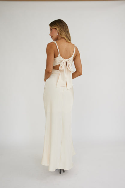 Oyster Moonlight Maxi Dress with U neckline, side cutouts, and back tie.