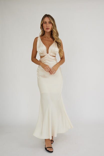 Oyster Moonlight Maxi Dress with U neckline, side cutouts, and back tie.