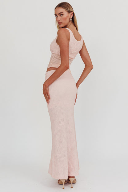 Petal Bliss Sleeveless Bodycon Maxi Dress in baby pink color.