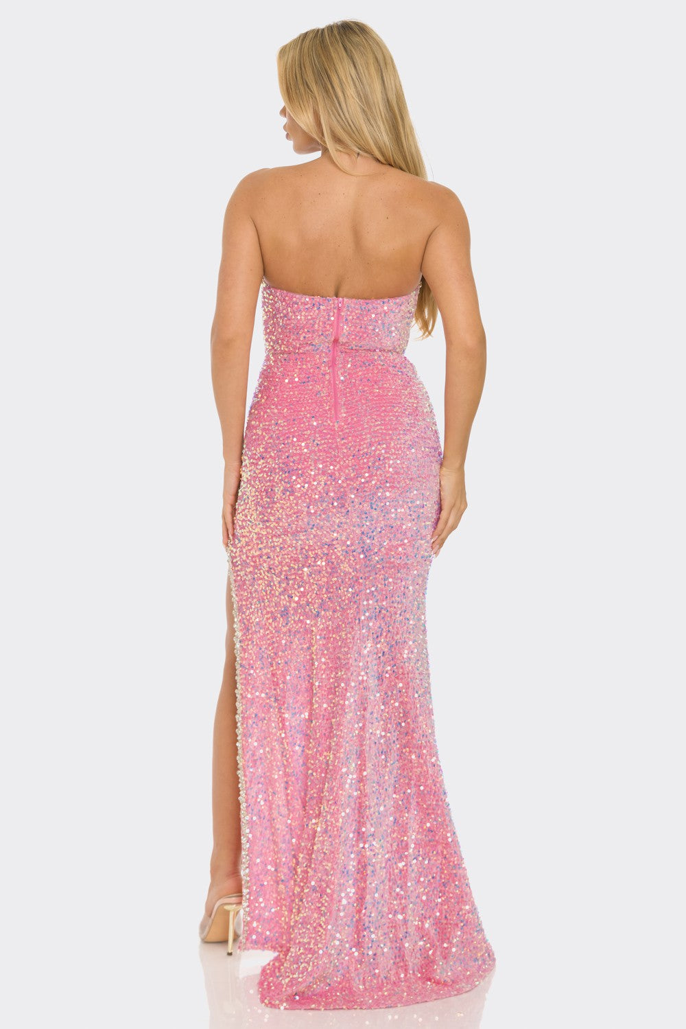 Pink Stardust Sequin Maxi Dress in pink with front cutout and rhinestone hem details, ideal for formal evening events and cocktail parties