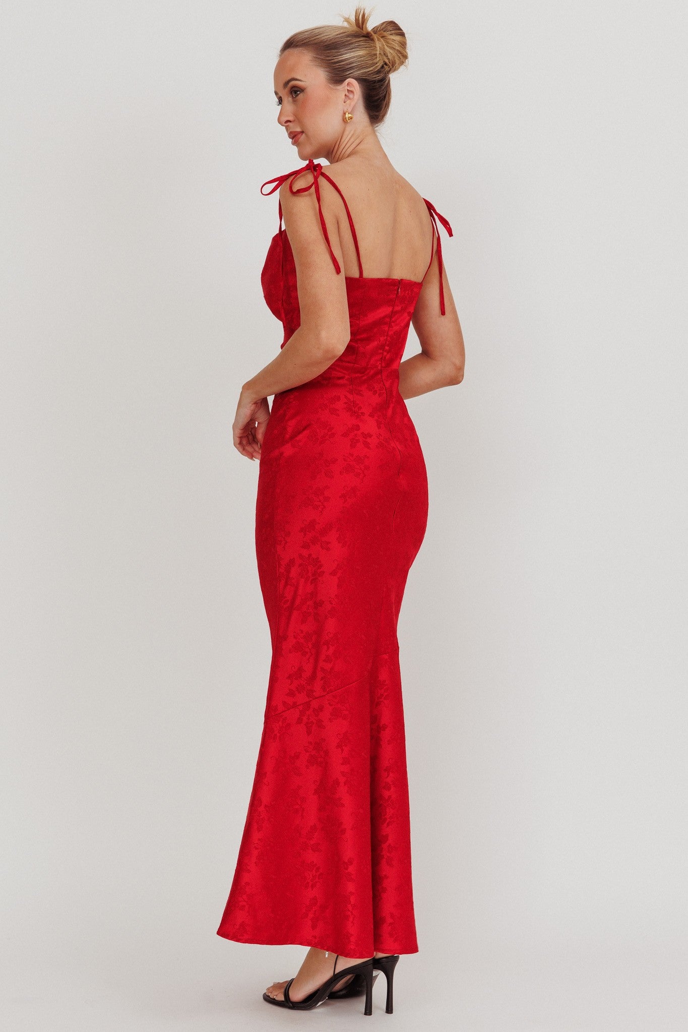 Queen of Hearts Jacquard Maxi Dress in red with cowl neck and tie straps, perfect for weddings and special occasions.