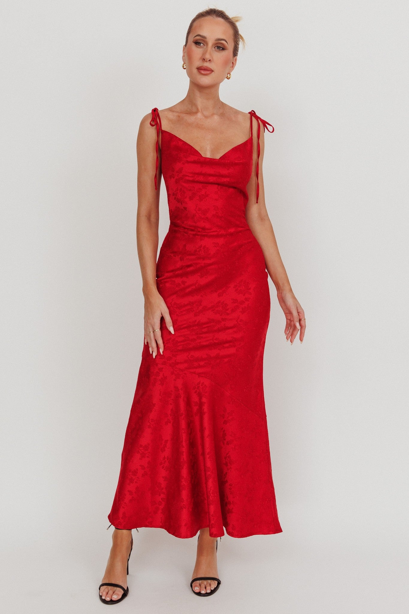 Queen of Hearts Jacquard Maxi Dress in red with cowl neck and tie straps, perfect for weddings and special occasions.