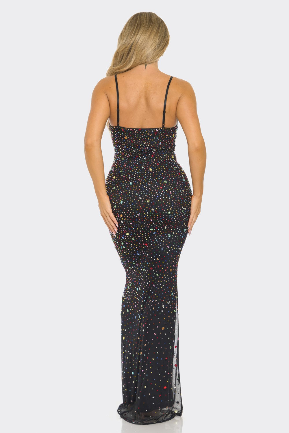 Radiante Jewel Embellished Maxi Dress with multicolored gems and underwired bodice, perfect for weddings and exclusive galas.