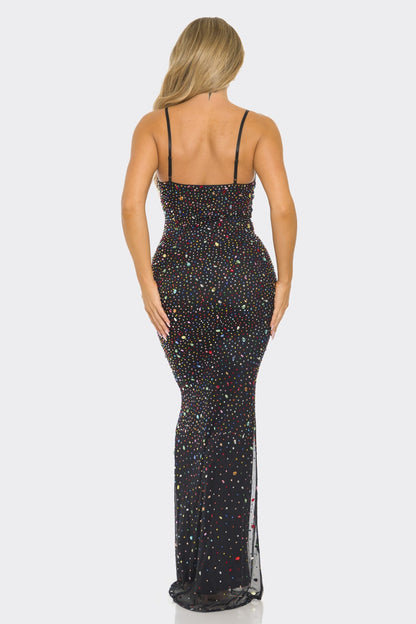 Radiante Jewel Embellished Maxi Dress with multicolored gems and underwired bodice, perfect for weddings and exclusive galas.