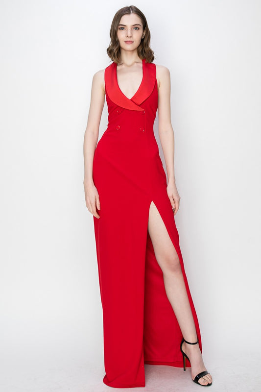 Scarlet Elegance Double Breasted Maxi Dress