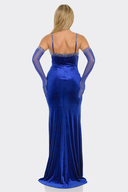 Royal Velvet Rhinestone Maxi Dress in royal blue with rhinestone details, mesh gloves, and cutout bodice, perfect for evening galas and formal events.