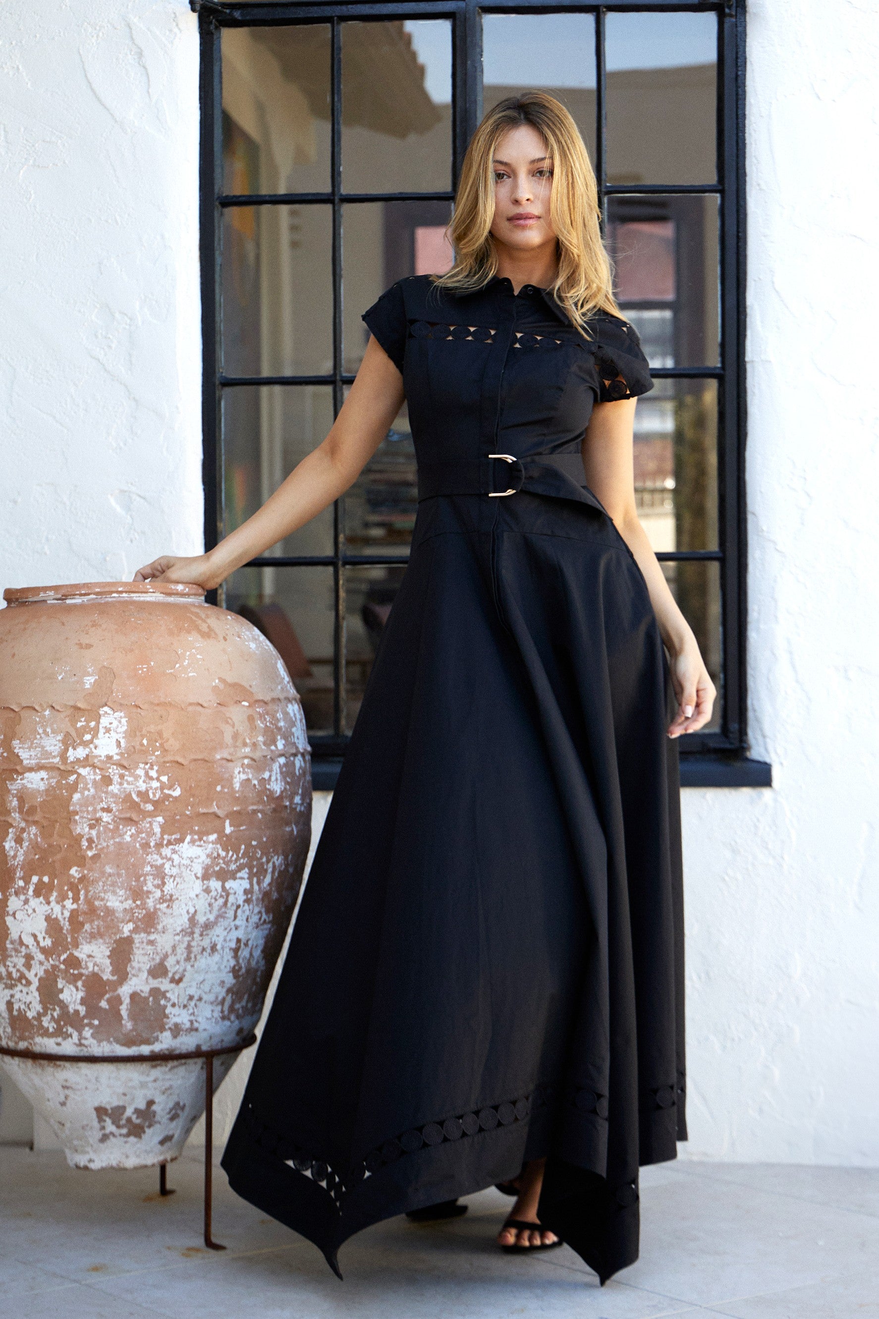 Sophia Lace-Trimmed Collared Dress in black with lace inserts and a belted waist, perfect for modern elegance.