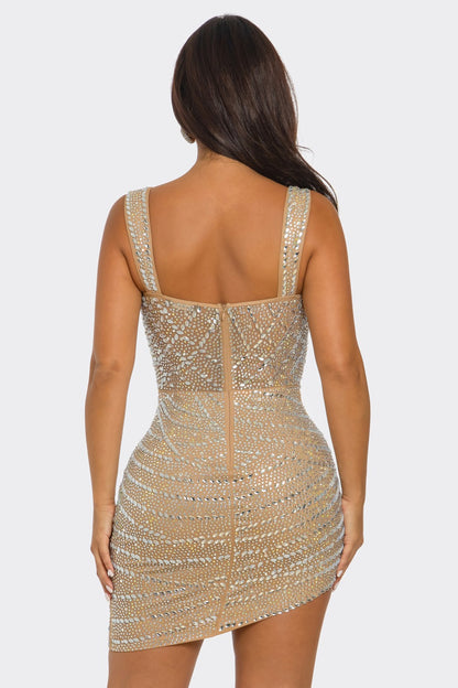 Sparkling Romance Rhinestone Sweetheart Mini Dress in nude with rhinestone embellishments and ruching details, perfect for cocktail parties and special occasions.