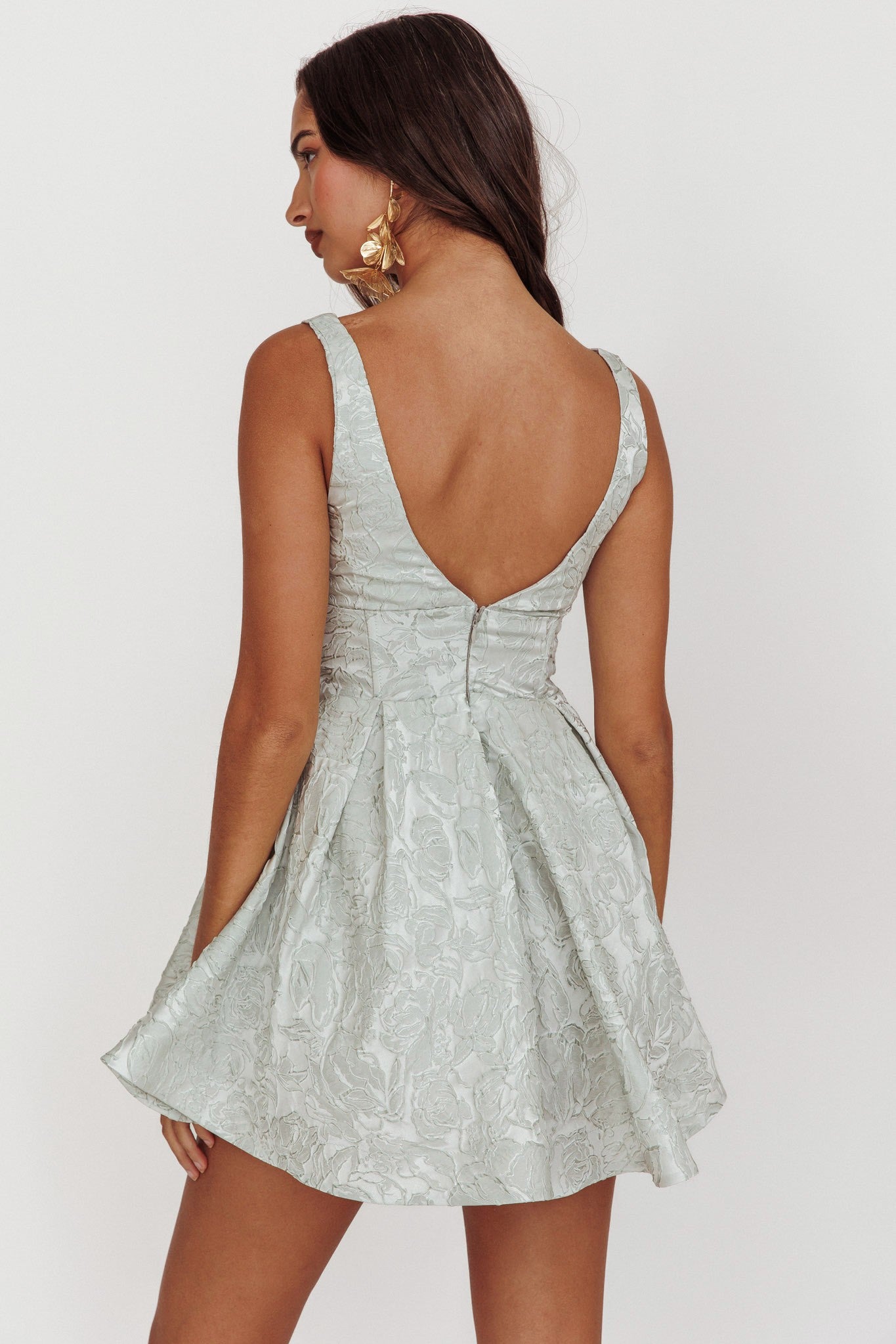 Whimsical Sage Dream Jacquard Dress with A-line design and V back in sage color.