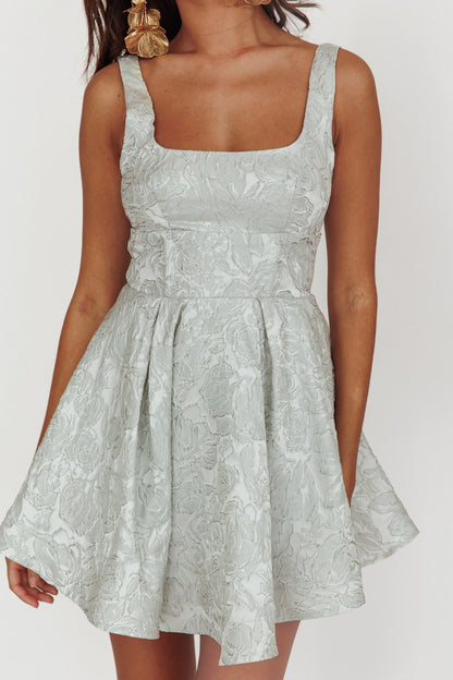 Whimsical Sage Dream Jacquard Dress with A-line design and V back in sage color.