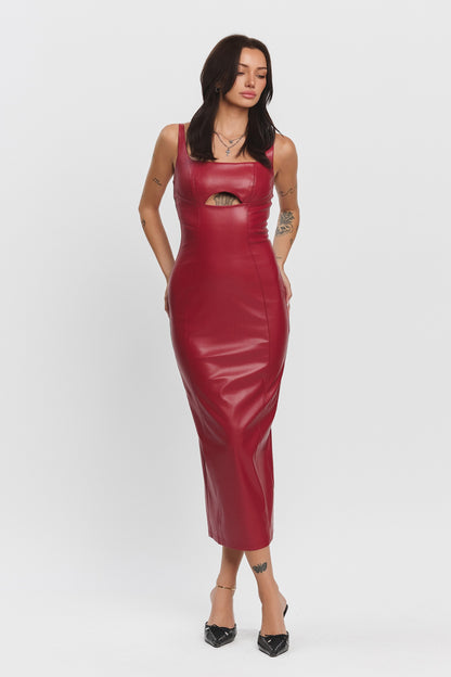  Wine Velvet Pleather Sleeveless Cut-Out Midi Dress from the Leather-Look Collection.