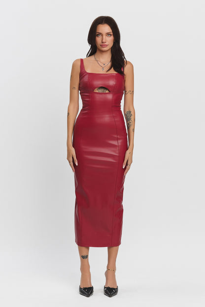  Wine Velvet Pleather Sleeveless Cut-Out Midi Dress from the Leather-Look Collection.