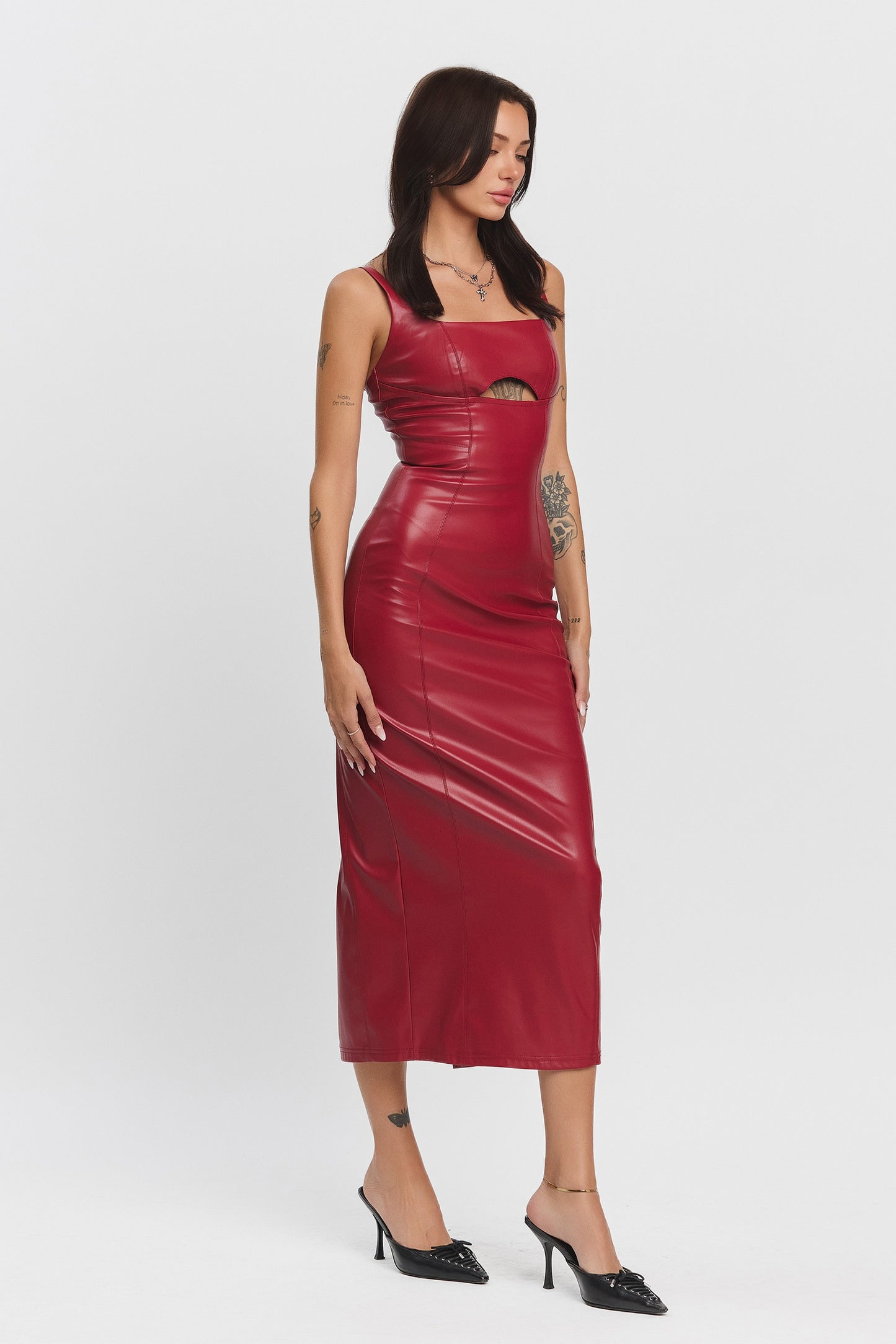 Wine Velvet Pleather Sleeveless Cut-Out Midi Dress from the Leather-Look Collection.