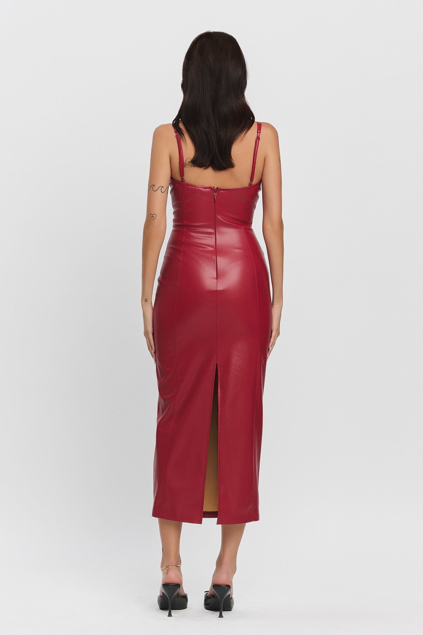 Wine Velvet Pleather Sleeveless Cut-Out Midi Dress from the Leather-Look Collection.