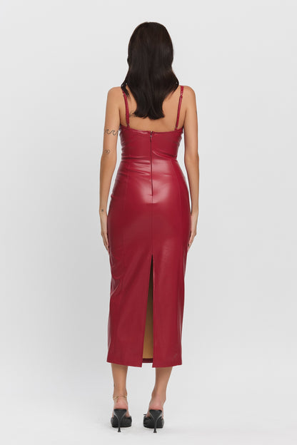 Wine Velvet Pleather Sleeveless Cut-Out Midi Dress from the Leather-Look Collection.