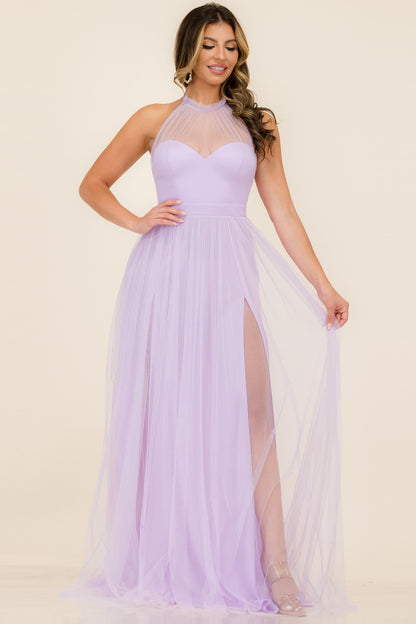 Lavender Sophistication Maxi Dress -Purple Halter Neck Tulle Maxi Dress