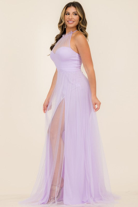 Purple Halter Neck Tulle Maxi Dress