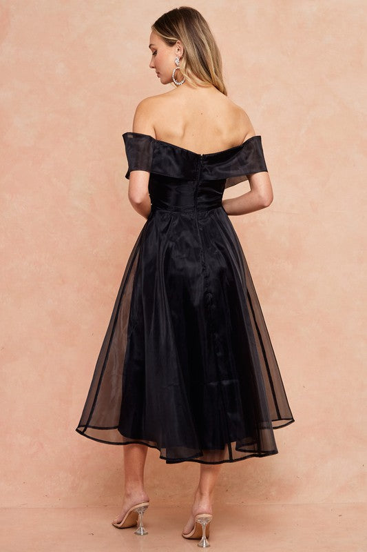 Black Off-the-Shoulder Organza Midi Dress