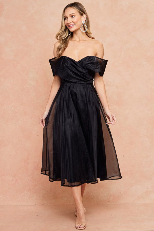 Black Off-the-Shoulder Organza Midi Dress