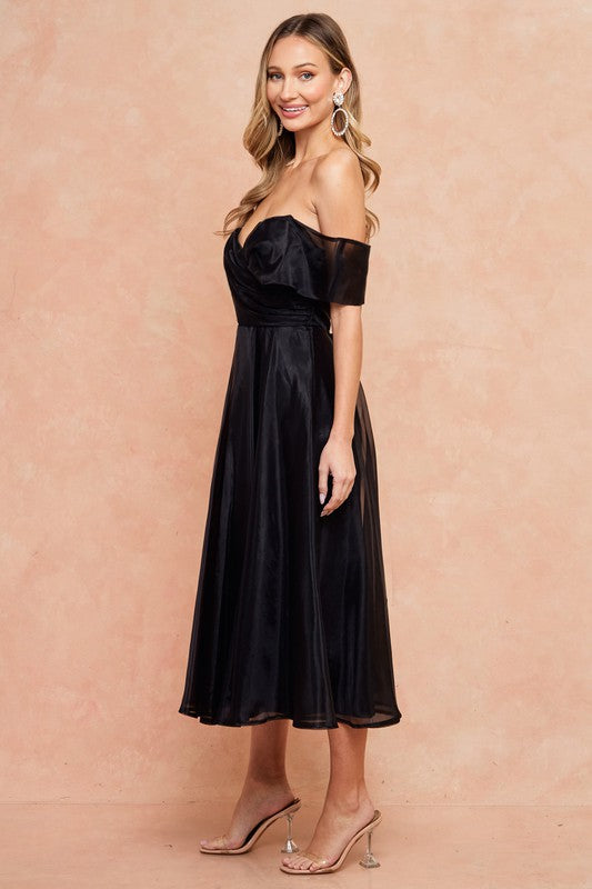 Black Off-the-Shoulder Organza Midi Dress