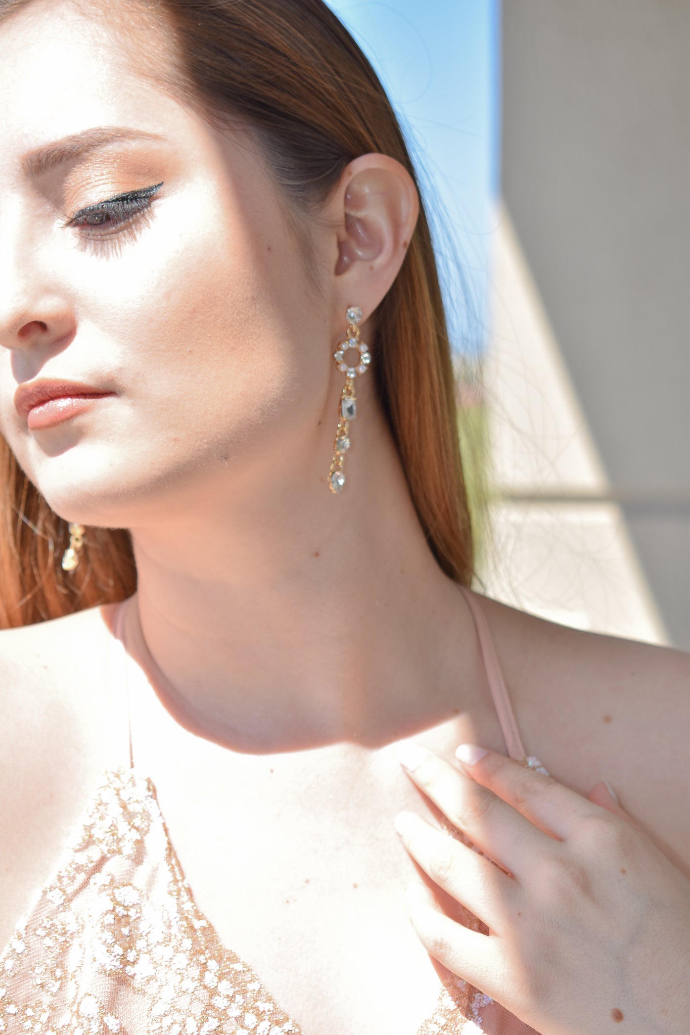 Zircon drop long earrings